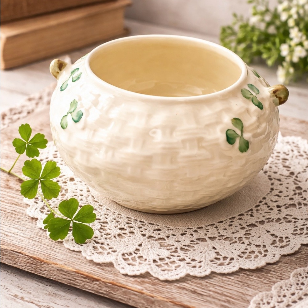 Belleek Cream Ceramic Clover Bowl with Green Motifs